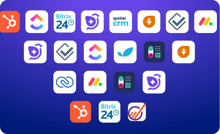 Collection of free CRM software logos arranged in a pyramid layout on a blue gradient background, featuring HubSpot, ClickUp, Bitrix24, Spotler CRM, Monday.com, Freshsales, Zoho CRM, and other CRM platforms.